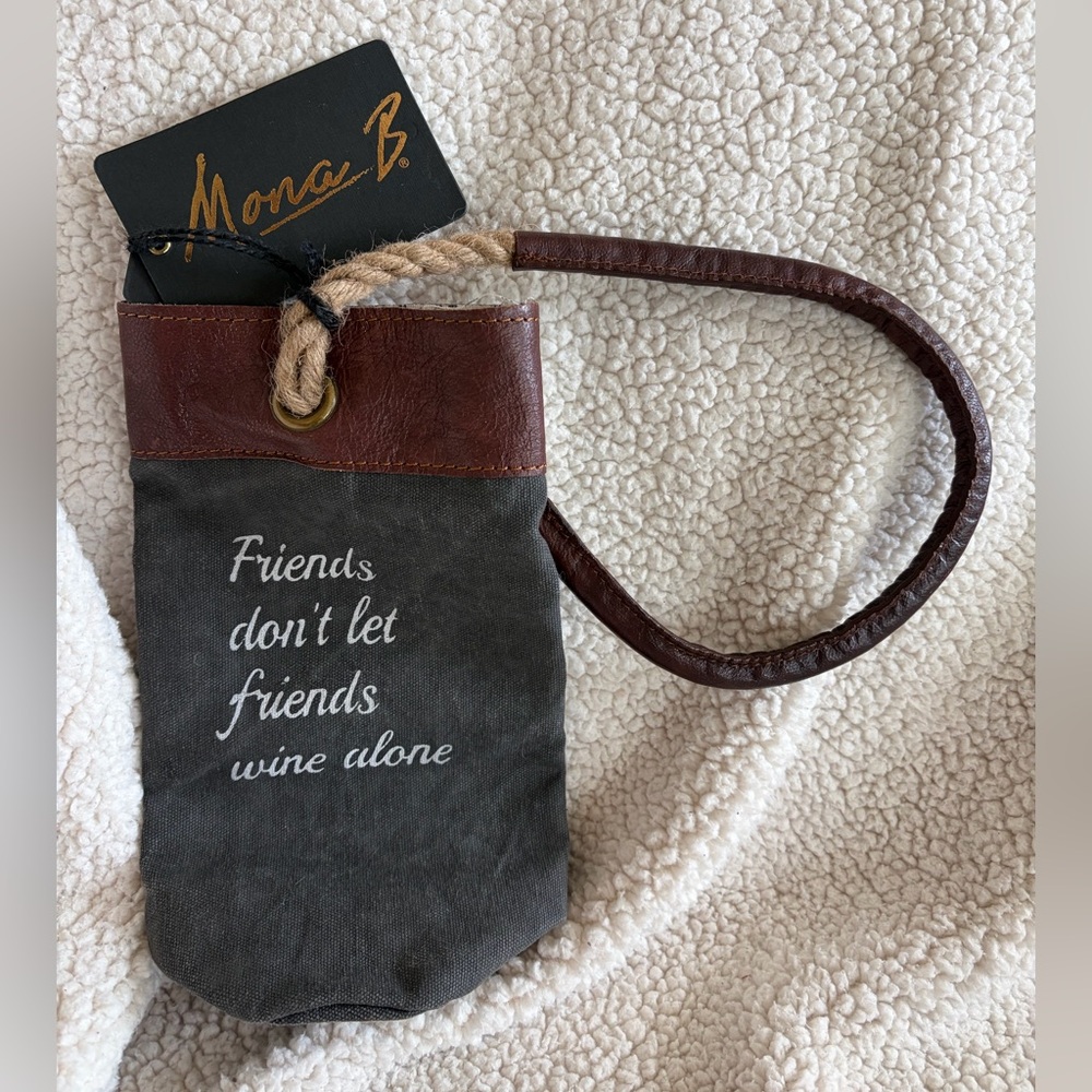 NWT Mona B Upcycled Gray Canvas Faux Leather Rope Wine Tote Friends Quote